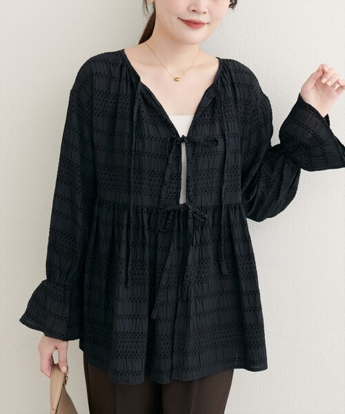 natural couture(ナチュラルクチュール)の「【WEB限定】モールボーダーペプラムブラウス(シャツ/ブラウス・レディース・ブラウン/レッド系その他/ブラック/オフホワイト・FREE)」の16枚目の写真