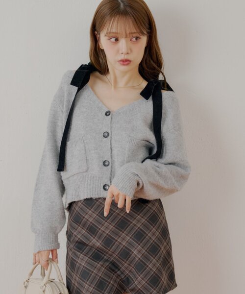 セール】ポケット付き肩リボンルーズニットカーディガン（カーディガン