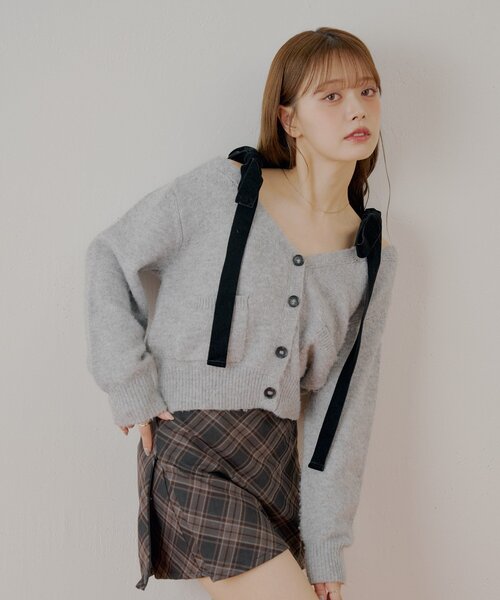 セール】ポケット付き肩リボンルーズニットカーディガン（カーディガン