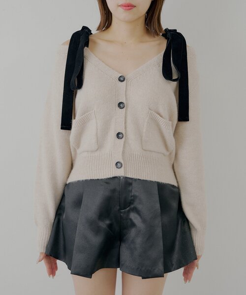 セール】ポケット付き肩リボンルーズニットカーディガン（カーディガン