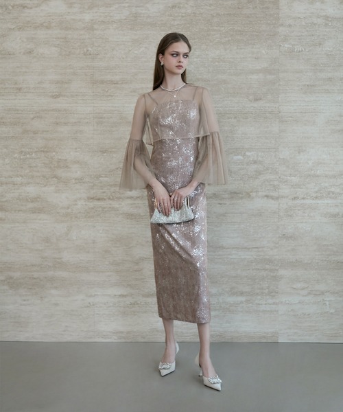 Leja-シアーチュールベルスリーブペイントIラインワンピースドレス セール】【LEJA】シアーチュールベルスリーブペイントIライン