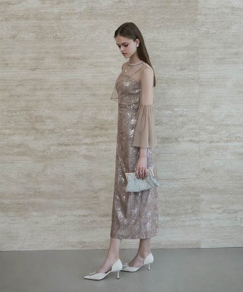 LEJA】シアーチュールベルスリーブペイントIラインワンピースドレス2点