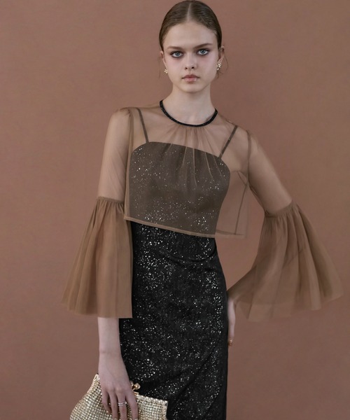 LEJA】シアーチュールベルスリーブペイントIラインワンピースドレス2点