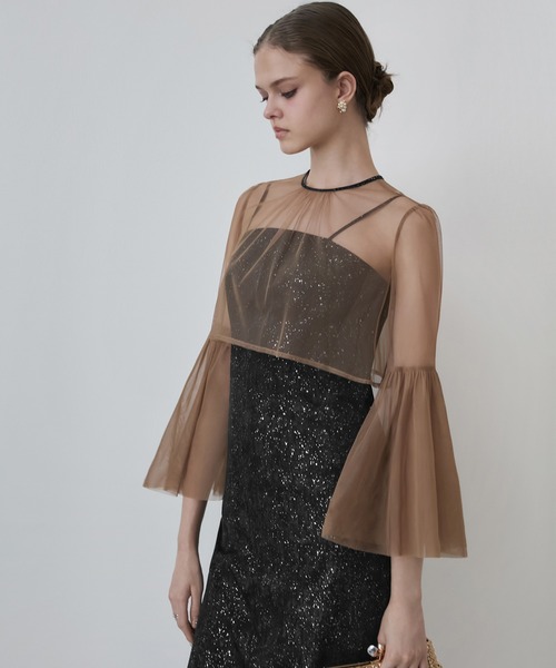 【LEJA】シアーチュールベルスリーブペイントIラインワンピースドレス2点セット LEJA】シアーチュールベルスリーブペイントIラインワンピースドレス2点