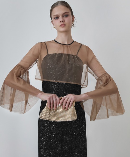 【LEJA】シアーチュールベルスリーブペイントIラインワンピースドレス2点セット セール】【LEJA】シアーチュールベルスリーブペイントIライン