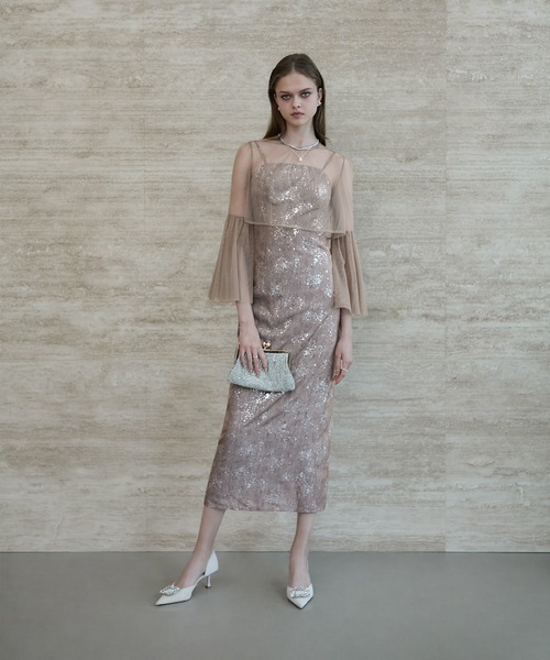 LEJA】シアーチュールベルスリーブペイントIラインワンピースドレス2点