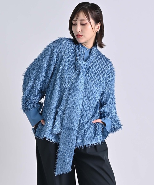 RAW FUDGE(ローファッジ)の「カットジャガードボウタイブラウス(シャツ/ブラウス・レディース・ブラック/オフホワイト/ブルー・M)」の1枚目の写真