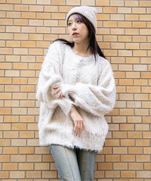《ふわもこシャギー》レディース クルーネック ニットカーディガン ゆったりシルエット 秋冬