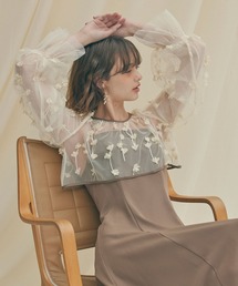 AIMER | 3Dフラワー刺繍ボリュームスリーブブラウス×フレアキャミソールワンピース 2点セットパーティードレス(ドレス)