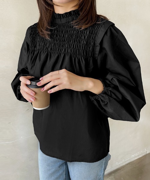 ONEP STAR(ワンピスター)の「スモッキング×ギャザー袖ハイネックブラウス(シャツ/ブラウス・レディース・ピンク/ブラック・MEDIUM)」の6枚目の写真