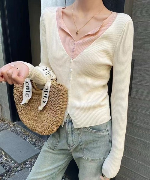 STAY MOTION（ステイモーション）の「【WEB限定】レイヤード風配色ニットトップス［韓国ファッション カジュアル］（ニット/セーター・レディース・オフホワイト/ブラック・F）」の2枚目の写真