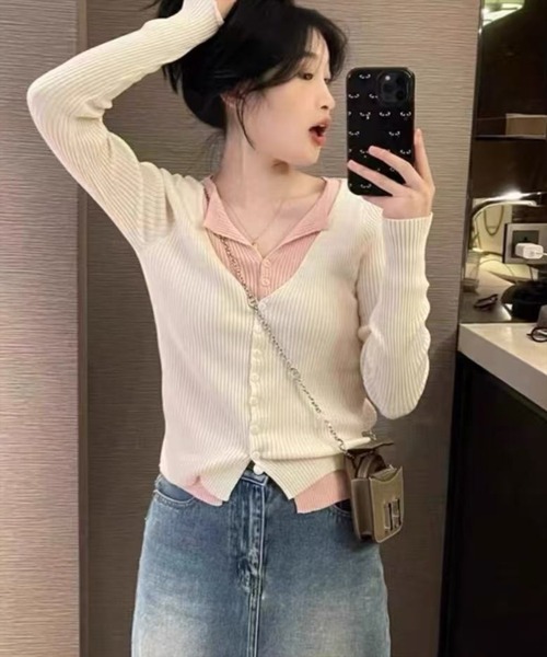 STAY MOTION（ステイモーション）の「【WEB限定】レイヤード風配色ニットトップス［韓国ファッション カジュアル］（ニット/セーター・レディース・オフホワイト/ブラック・F）」の8枚目の写真