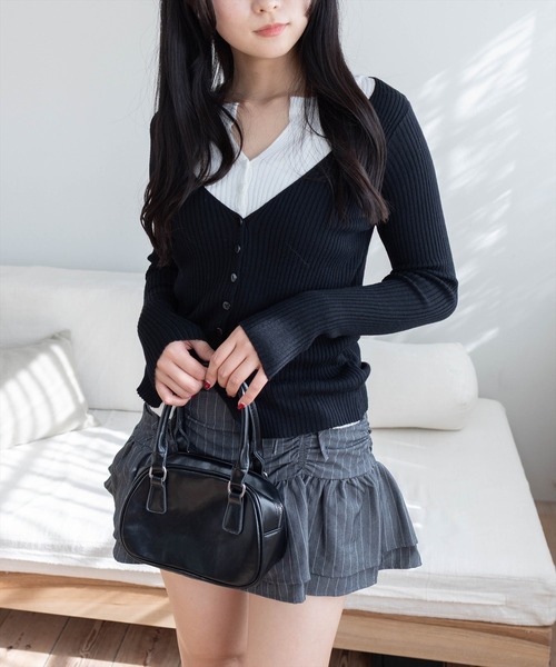 STAY MOTION（ステイモーション）の「【WEB限定】レイヤード風配色ニットトップス［韓国ファッション カジュアル］（ニット/セーター・レディース・オフホワイト/ブラック・F）」の4枚目の写真