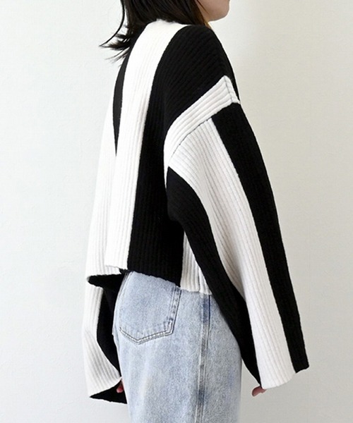 STYLEBLOCK（スタイルブロック）の「ワイドストライプニットボトルネックショートプルオーバー（ニット/セーター・レディース・ホワイト系その他/カーキ/ブラック/ブルー・M）」の9枚目の写真