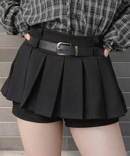 美脚盛れ☆ワンホンレイヤード風プリーツミニスカート/ベルト付き