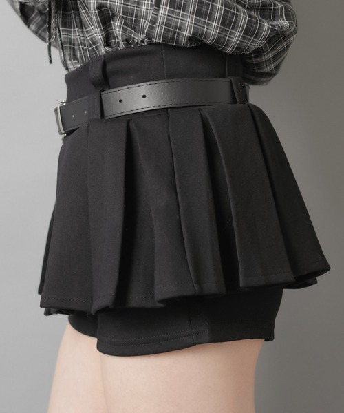 美脚盛れ☆ワンホンレイヤード風プリーツミニスカート/ベルト付き