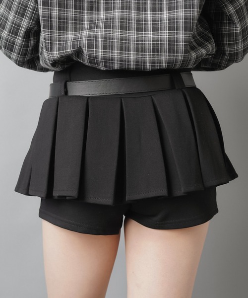 SPINNS（スピンズ）の「美脚盛れ★ワンホンレイヤード風プリーツミニスカート/ベルト付き/スカパン（スカート・レディース・ブラック/チャコール/オートミール・ONESIZE）」の6枚目の写真