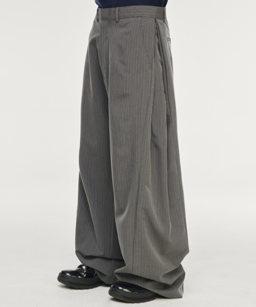 セール】マルチタックワイドスラックス[グレーストライプ]（スラックス