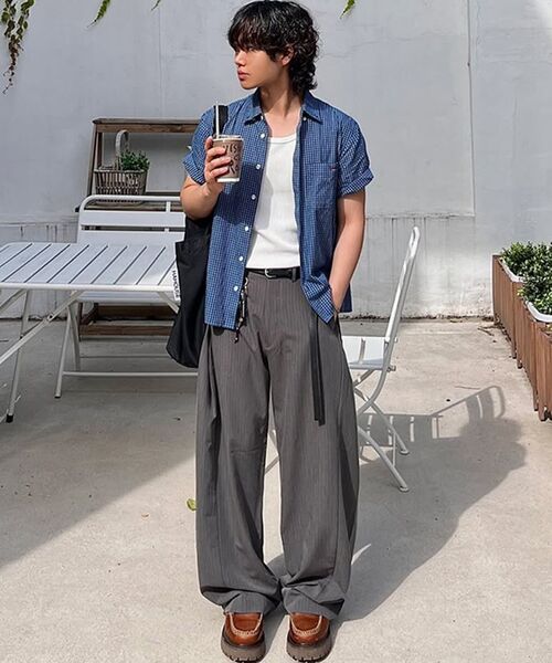 セール】マルチタックワイドスラックス[グレーストライプ]（スラックス