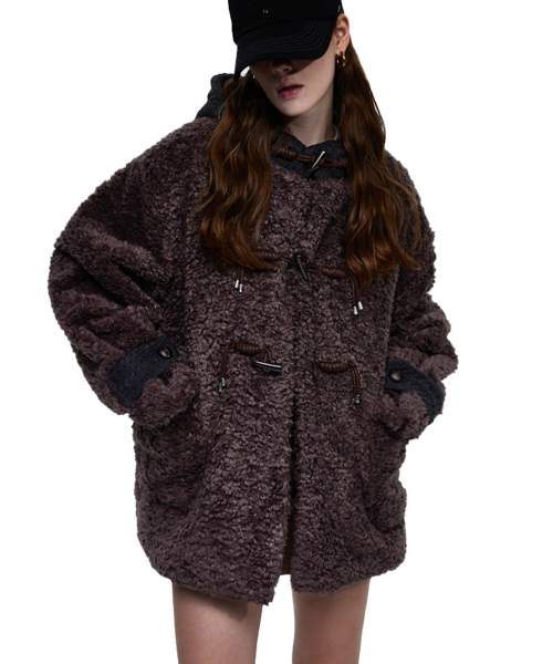 FUR & KNIT DUFFLE COAT - BROWN
