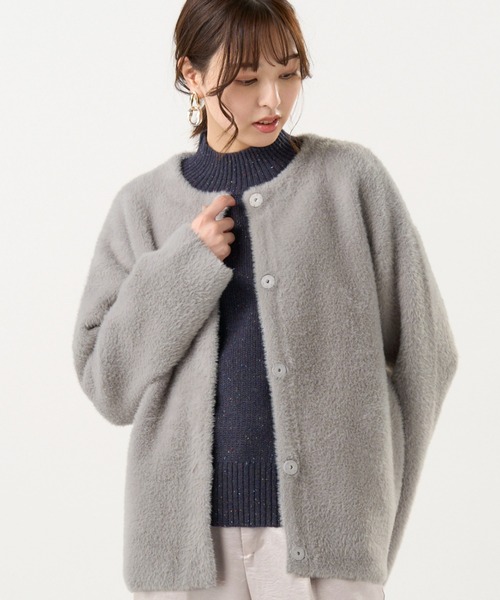 TOKYO SHIRTS（トウキョウシャツ）の「Wフェイス ニット ジャケット（ノーカラージャケット・レディース・グレー/ネイビー・M/L）」の2枚目の写真
