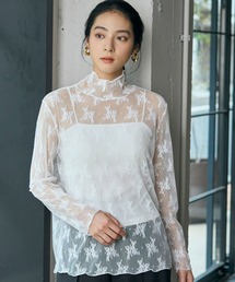 【2タイプから選べる】レース 刺繍 シアーカットソー 長袖 レディース きれいめ ハイネック トップス レイヤード