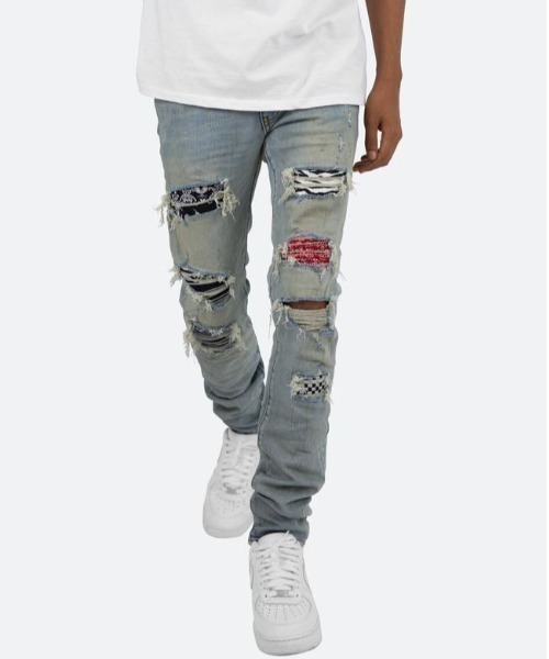 mnml(ミニマル)の「mnml/ミニマル/リペアデニムパンツ/X214 STRETCH DENIM(M2020-D857)(デニムパンツ・メンズ・ブルー・34/28/29/30/32)」の1枚目の写真