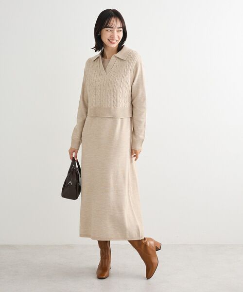 Green　Parks（グリーンパークス）の「SET2点ケーブルベスト+ニットワンピース（ワンピース・レディース・グレー/ベージュ・FREE）」の6枚目の写真