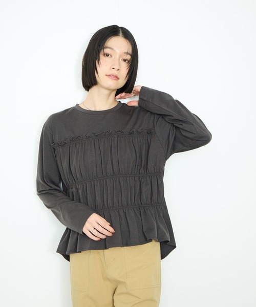 Mac-House(マックハウス)の「シャリングギャザープルオーバー(Tシャツ/カットソー・レディース・オフホワイト/グレー/ブラック・FREE)」の3枚目の写真