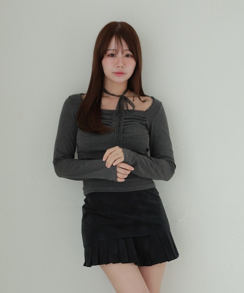 M DOLLY(エムドリー)の「pleats melia mini skirt/プリーツレイヤードメリアミニスカート(スカート・レディース・ブラウン/ブラック・S/M)」の4枚目の写真