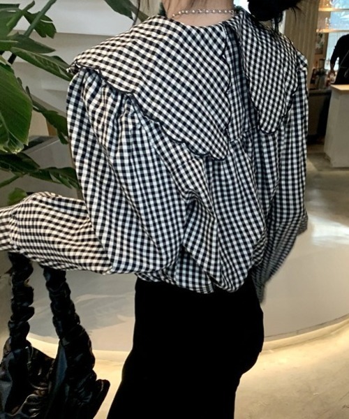 SHEPP(シープ)の「【26年春新作】スカラップビッグカラーギンガムチェックブラウス(シャツ/ブラウス・レディース・ブラック・M/L)」の14枚目の写真