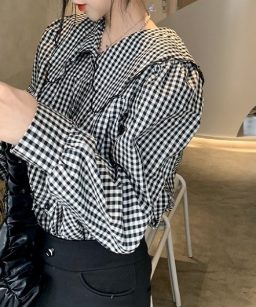 SHEPP(シープ)の「【26年春新作】スカラップビッグカラーギンガムチェックブラウス(シャツ/ブラウス・レディース・ブラック・M/L)」の5枚目の写真