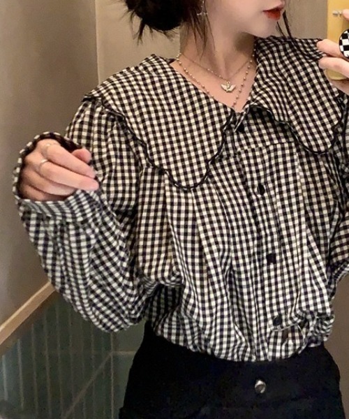 SHEPP(シープ)の「【26年春新作】スカラップビッグカラーギンガムチェックブラウス(シャツ/ブラウス・レディース・ブラック・M/L)」の6枚目の写真