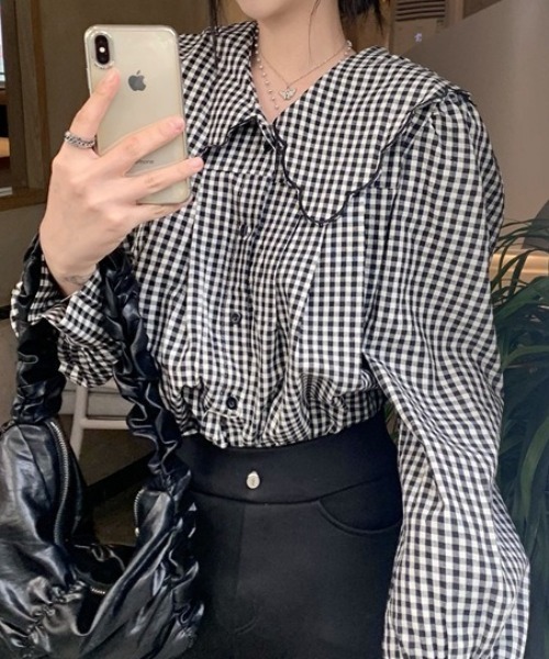 SHEPP(シープ)の「【26年春新作】スカラップビッグカラーギンガムチェックブラウス(シャツ/ブラウス・レディース・ブラック・M/L)」の8枚目の写真