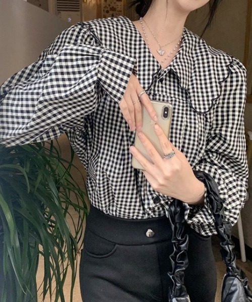 SHEPP(シープ)の「【26年春新作】スカラップビッグカラーギンガムチェックブラウス(シャツ/ブラウス・レディース・ブラック・M/L)」の9枚目の写真