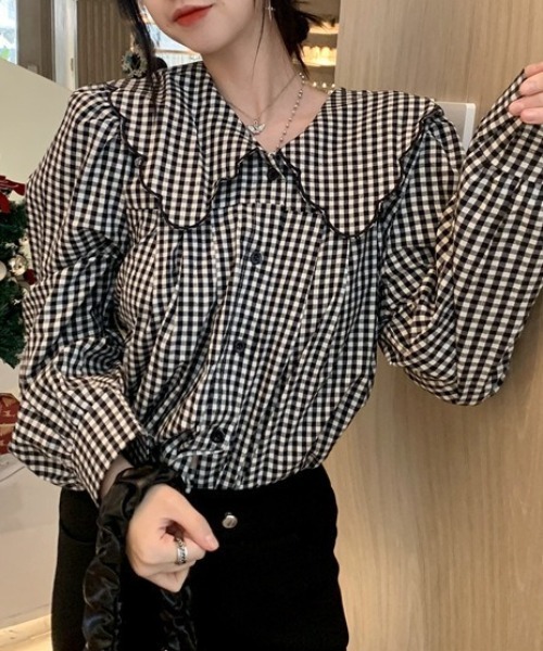SHEPP(シープ)の「【26年春新作】スカラップビッグカラーギンガムチェックブラウス(シャツ/ブラウス・レディース・ブラック・M/L)」の11枚目の写真