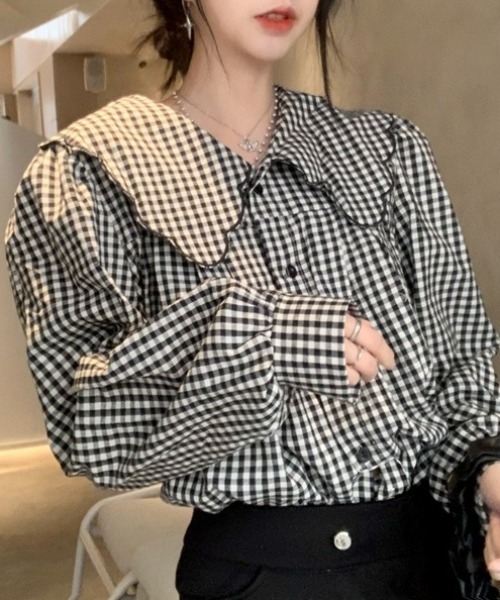 SHEPP(シープ)の「【26年春新作】スカラップビッグカラーギンガムチェックブラウス(シャツ/ブラウス・レディース・ブラック・M/L)」の15枚目の写真