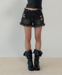 FRINGE DENIM SHORTS (BLACK)