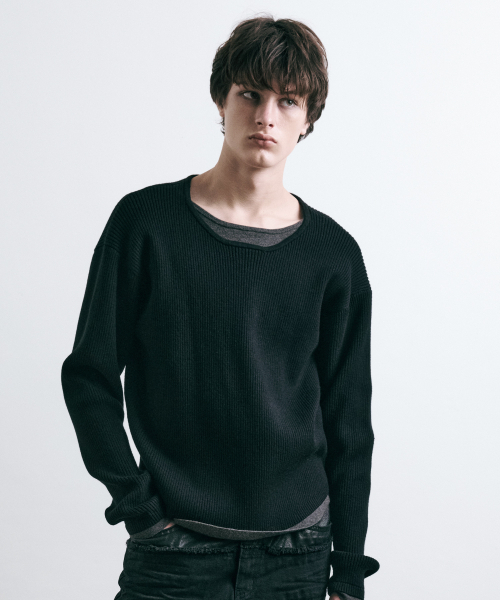 LEARVE(ルアブ)の「ダブルレイヤードコントラストテクスチャーニットブラック(ニット/セーター・メンズ・その他・MEDIUM/LARGE)」の1枚目の写真