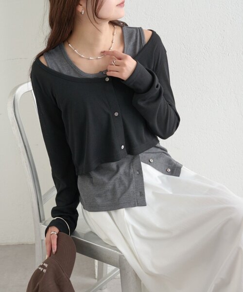 mystic（ミスティック）の「【柔らか素材/3色展開】配色レイヤードロングTシャツ（Tシャツ/カットソー・レディース・ピンク/ブラック/ブルー・FREE）」の2枚目の写真