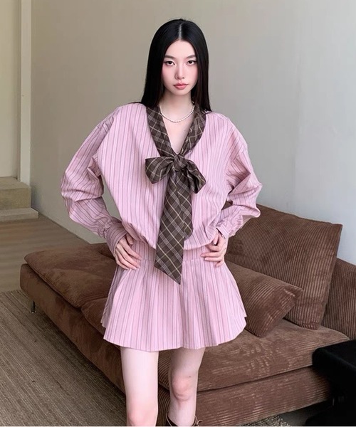 AsheKsha（アシクシャ）の「韓国風長袖ピンクストライプワンピース