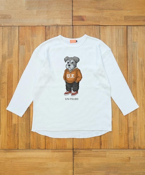 UN-FILLED(アンフィルド)の「mlt5556- UF DOG WAFFLE LONG SLEEVE T-shirt ロンT(シュナウザー)-着丈前後差有(SDUF-2604SNZ-M)(Tシャツ/カットソー・メンズ・アイボリー/グレー/ホワイト・ONE SIZE)」の1枚目の写真