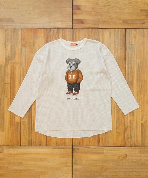 UN-FILLED(アンフィルド)の「mlt5556- UF DOG WAFFLE LONG SLEEVE T-shirt ロンT(シュナウザー)-着丈前後差有(SDUF-2604SNZ-M)(Tシャツ/カットソー・メンズ・アイボリー/グレー/ホワイト・ONE SIZE)」の2枚目の写真
