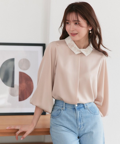 RUIRUE BOUTIQUE(ルイルエブティック)の「洗える | 配色 レース カラー ブラウス | トップス・シャツ・オケージョンブラウス・長袖ブラウス・きれいめブラウス・オフィスカジュアルブラウス(シャツ/ブラウス・レディース・ライトグレー/オフホワイト/ブルー/ベージュ・L/M)」の1枚目の写真