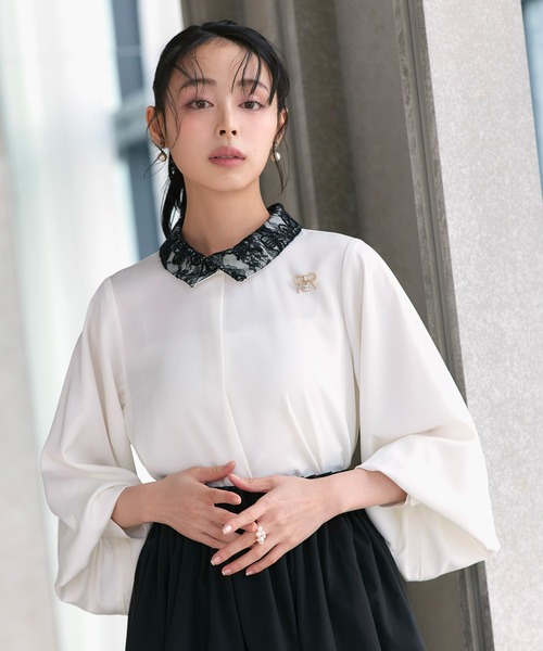 RUIRUE BOUTIQUE(ルイルエブティック)の「洗える | 配色 レース カラー ブラウス | トップス・シャツ・オケージョンブラウス・長袖ブラウス・きれいめブラウス・オフィスカジュアルブラウス(シャツ/ブラウス・レディース・ライトグレー/オフホワイト/ブルー/ベージュ・L/M)」の2枚目の写真