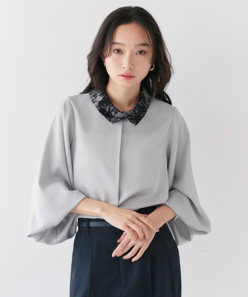 RUIRUE BOUTIQUE(ルイルエブティック)の「洗える | 配色 レース カラー ブラウス | トップス・シャツ・オケージョンブラウス・長袖ブラウス・きれいめブラウス・オフィスカジュアルブラウス(シャツ/ブラウス・レディース・ライトグレー/オフホワイト/ブルー/ベージュ・L/M)」の3枚目の写真