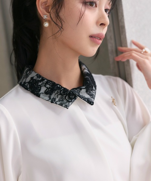 RUIRUE BOUTIQUE(ルイルエブティック)の「洗える | 配色 レース カラー ブラウス | トップス・シャツ・オケージョンブラウス・長袖ブラウス・きれいめブラウス・オフィスカジュアルブラウス(シャツ/ブラウス・レディース・ライトグレー/オフホワイト/ブルー/ベージュ・L/M)」の6枚目の写真