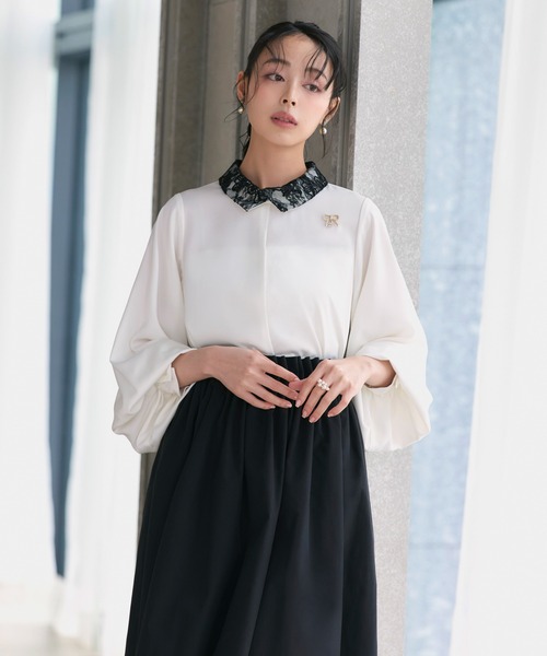 RUIRUE BOUTIQUE(ルイルエブティック)の「洗える | 配色 レース カラー ブラウス | トップス・シャツ・オケージョンブラウス・長袖ブラウス・きれいめブラウス・オフィスカジュアルブラウス(シャツ/ブラウス・レディース・ライトグレー/オフホワイト/ブルー/ベージュ・L/M)」の8枚目の写真