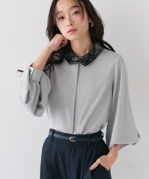 RUIRUE BOUTIQUE(ルイルエブティック)の「洗える | 配色 レース カラー ブラウス | トップス・シャツ・オケージョンブラウス・長袖ブラウス・きれいめブラウス・オフィスカジュアルブラウス(シャツ/ブラウス・レディース・ライトグレー/オフホワイト/ブルー/ベージュ・L/M)」の12枚目の写真