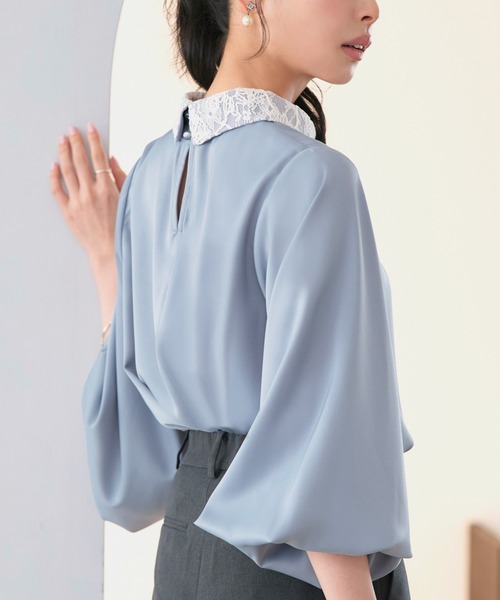 RUIRUE BOUTIQUE(ルイルエブティック)の「洗える | 配色 レース カラー ブラウス | トップス・シャツ・オケージョンブラウス・長袖ブラウス・きれいめブラウス・オフィスカジュアルブラウス(シャツ/ブラウス・レディース・ライトグレー/オフホワイト/ブルー/ベージュ・L/M)」の15枚目の写真